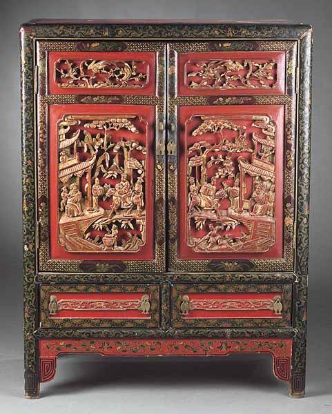 Appraisal: An Antique Chinese Carved and Lacquered Cabinet with carved panel