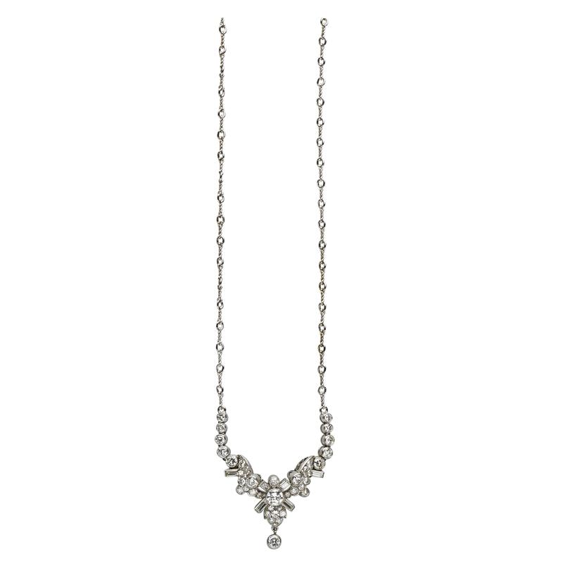 Appraisal: MID CENTURY DIAMOND PLATINUM NECKLACE Dimensional Y-shaped diamond ornament joins