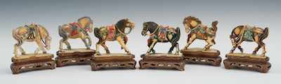 Appraisal: Six Carved Ivory or Bone Horses on Carved Wood Stands