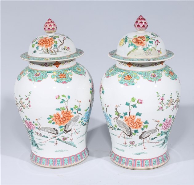 Appraisal: Pair of large Chinese famille rose enameled porcelain covered vases