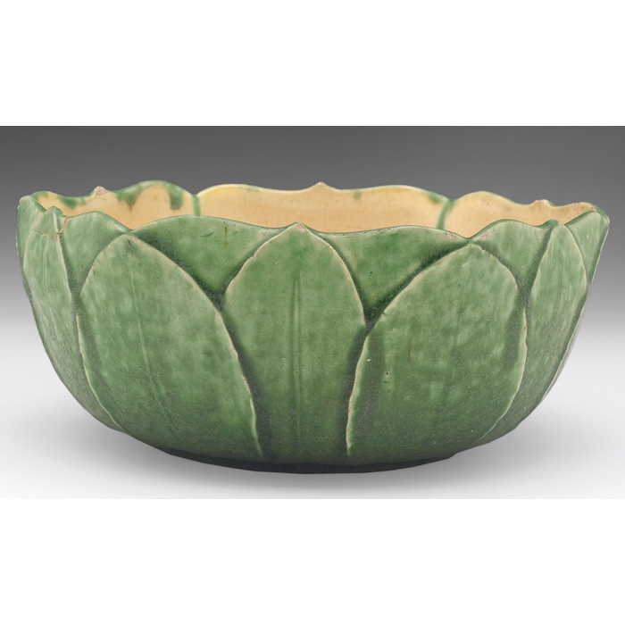 Appraisal: Grueby bowl carved and applied vertical leaves covered in a