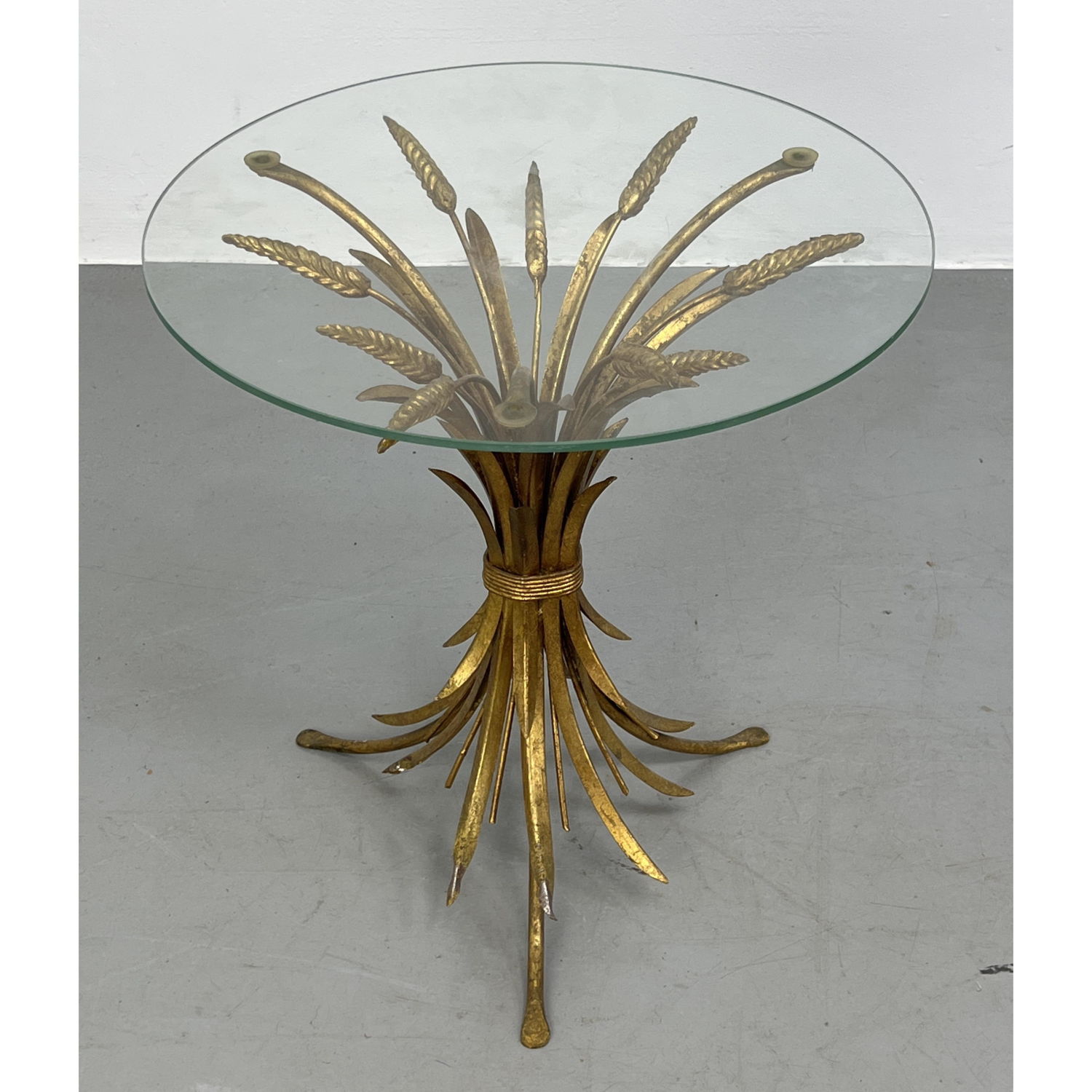 Appraisal: Gilt Metal Italian Wheat Sheaf Side Table Round Glass Top