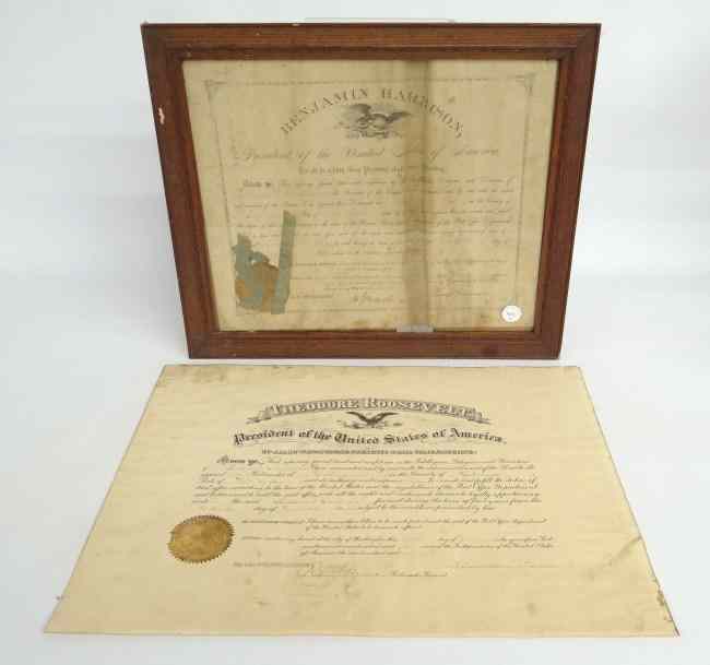 Appraisal: Lot two president autographed documents including Theodore Roosevel and Benjamin