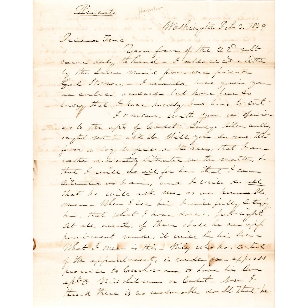 Appraisal: HANNIBAL HAMLIN Autograph Letter Signed Marking the Letter as PRIVATE