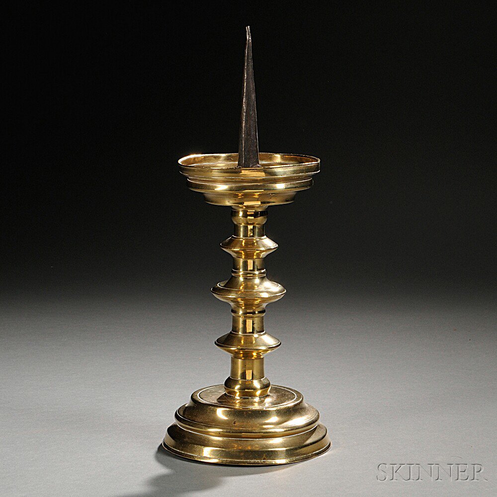 Appraisal: Large Brass and Iron Pricket Candlestick Netherlands th century with