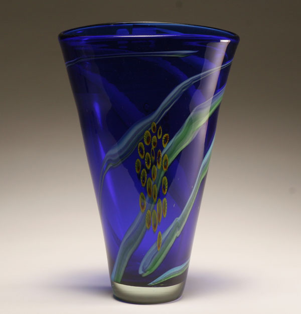 Appraisal: Contemporary blue glass flattened flared vase Paper label SDS Seapoot