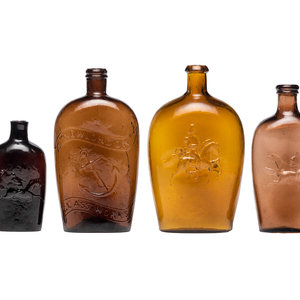 Appraisal: Four Molded Glass Amber Flasks American th Century one quart