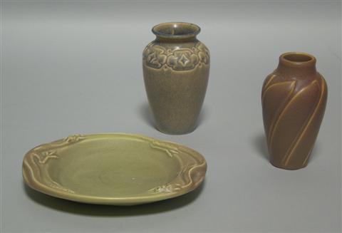 Appraisal: THREE ROOKWOOD MATTE GLAZE VASES AND A DISH The first