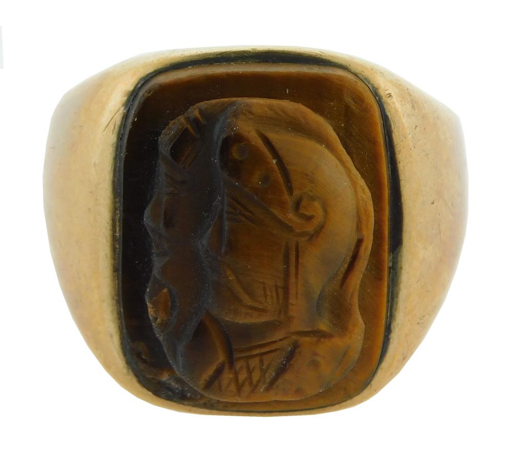 Appraisal: JEWELRY K Man's Tiger's Eye cameo ring setting stamped and