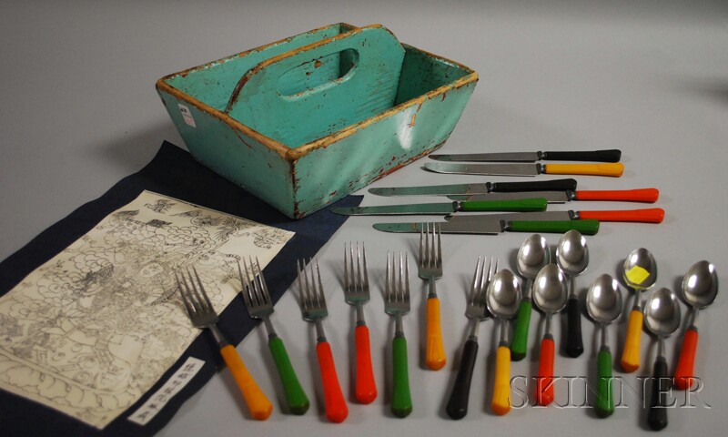 Appraisal: Turquoise-painted Wood Cutlery Box with Bakelite-handled Flatware divided cutlery box