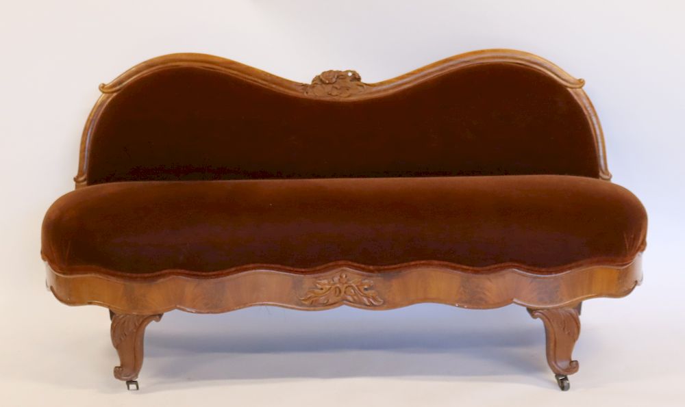 Appraisal: Empire Mahogany Velvet Upholstered Settee Great size with carvings and