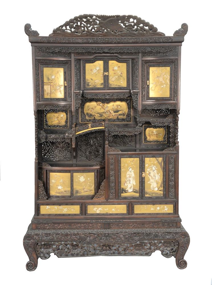 Appraisal: Japanese Meiji carved and painted cabinet having gilt painted doors