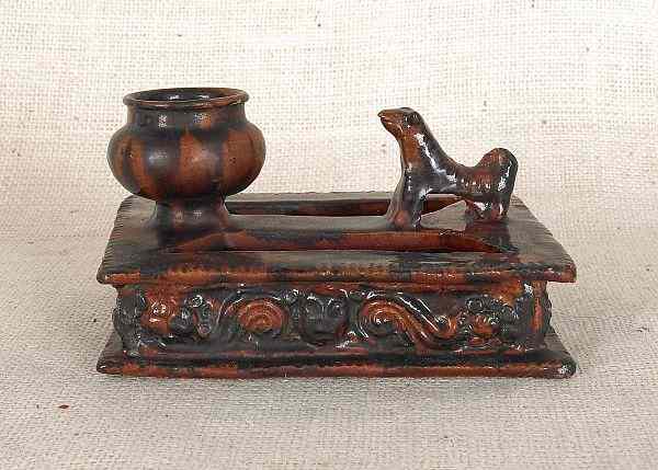 Appraisal: Redware tray and match holder th c with a dog