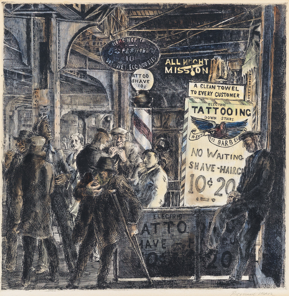 Appraisal: REGINALD MARSH Tattoo--Shave--Haircut Etching with hand coloring in watercolor x