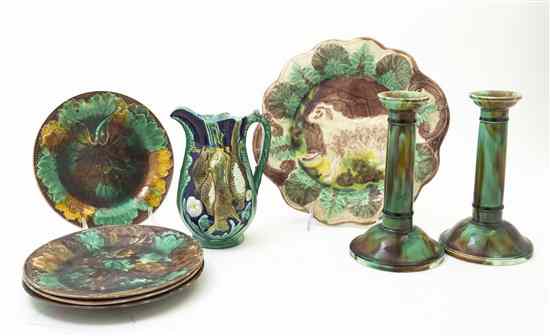 Appraisal: A Collection of Eight Majolica Articles comprising a pair of