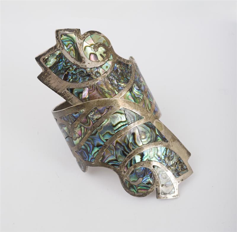 Appraisal: Silver and Abalone Cuff Bracelet The hinged cuff with elongated