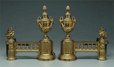 Appraisal: Pair brass chenet urns with swags and artichoke finials matching