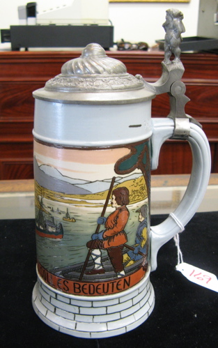 Appraisal: GERMAN METTLACH BEER STEIN no liter Landscape scene with boat