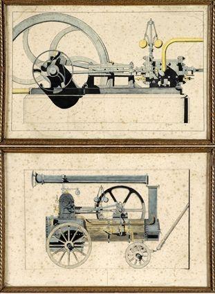 Appraisal: Rene Girard Two Drawings of Steam Engines Watercolor on paper