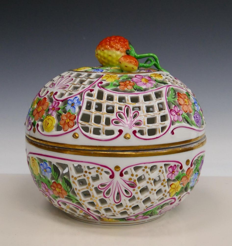 Appraisal: HEREND RETICULATED PORCELAIN POTPOURRI BOWL Herend Hungarian hand painted porcelain