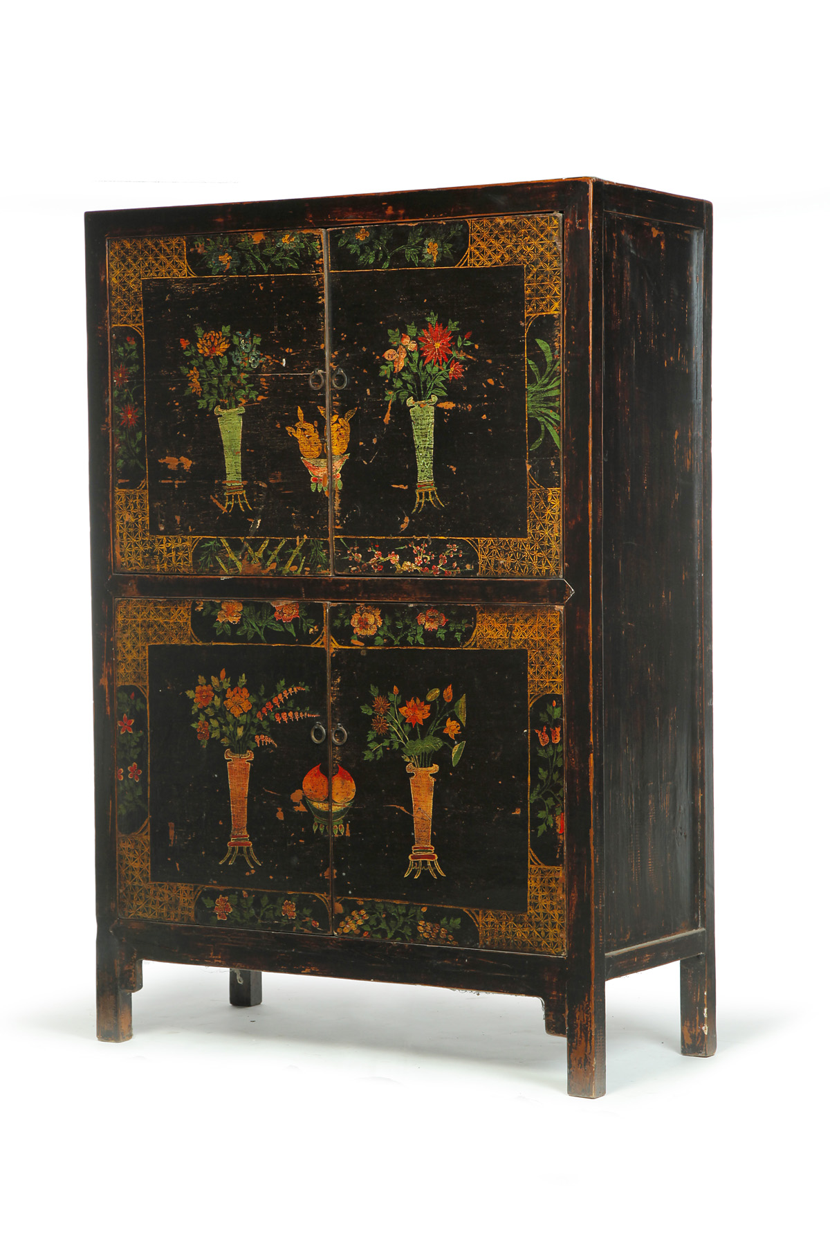 Appraisal: MONGOLIAN LACQUERED CUPBOARD Ca s elm Black lacquer with hand