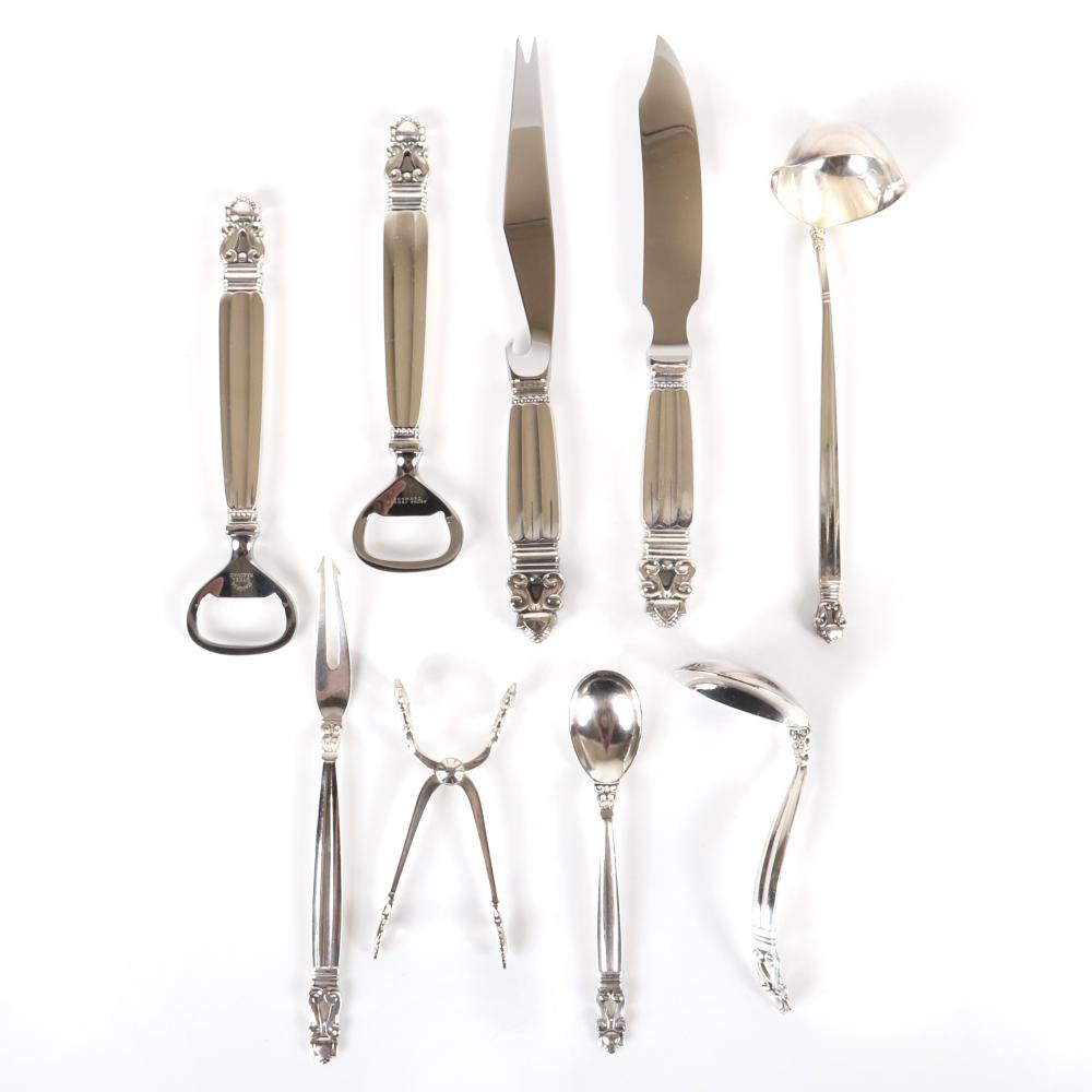 Appraisal: NINE GEORG JENSEN ACORN PATTERN STERLING SILVER FLATWARE SERVING UTENSILS