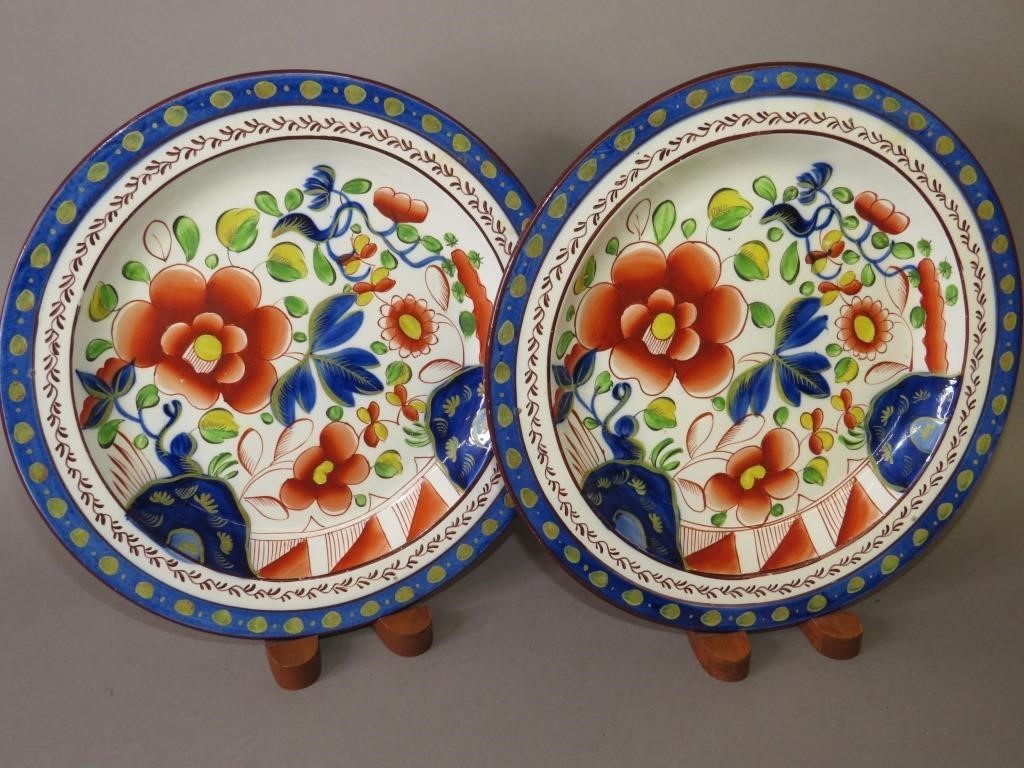 Appraisal: PEARLWARE DINNER PLATES GAUDY DUTCH SINGLE ROSEca two pearlware dinner