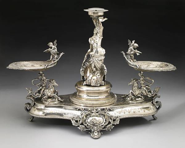 Appraisal: A Continental silverplated figural centerpieceApparently unmarked last half th century