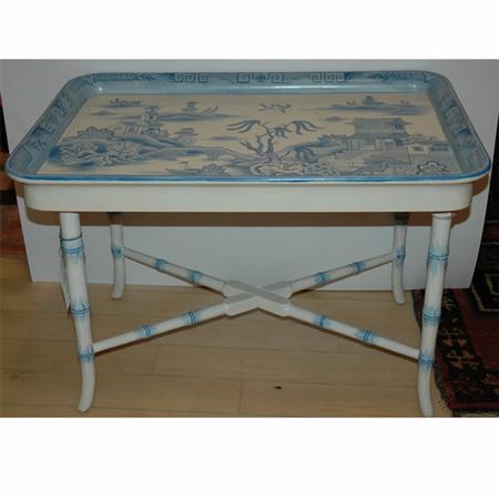 Appraisal: Canton Style Blue and White Painted Wood Tray on Stand