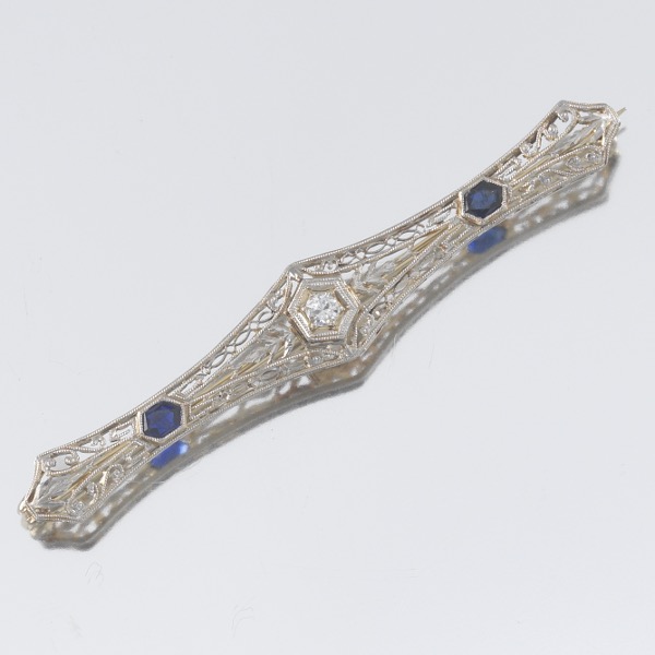 Appraisal: ART DECO FILIGREE DIAMOND AND SAPPHIRE BROOCH - L x