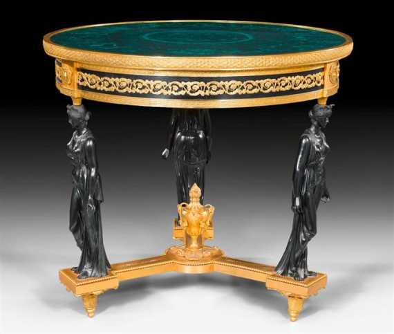 Appraisal: MALACHITE CENTER TABLE AUX CARIATIDES Empire style after the imperial