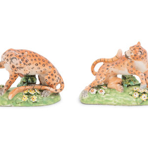 Appraisal: A Pair of Derby Porcelain Leopards Circa the longer example