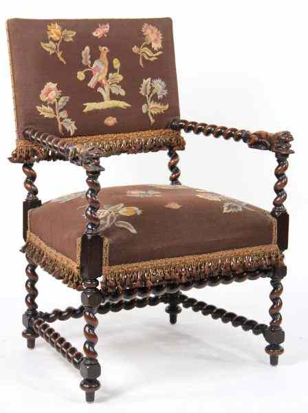 Appraisal: Barley Twist Open Arm Chair th century mahogany crewel work