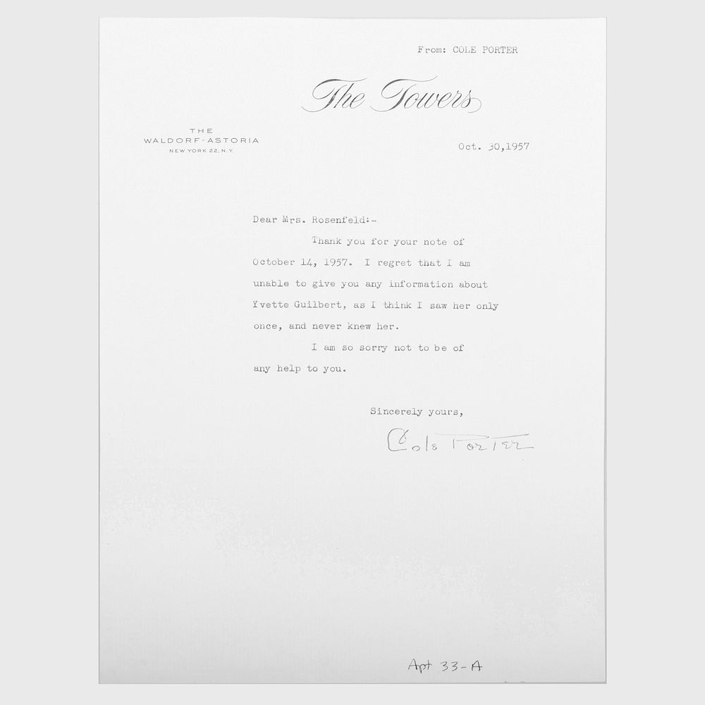 Appraisal: Signed Cole Porter Letter On The Towers Waldorf-Astoria stationery dated