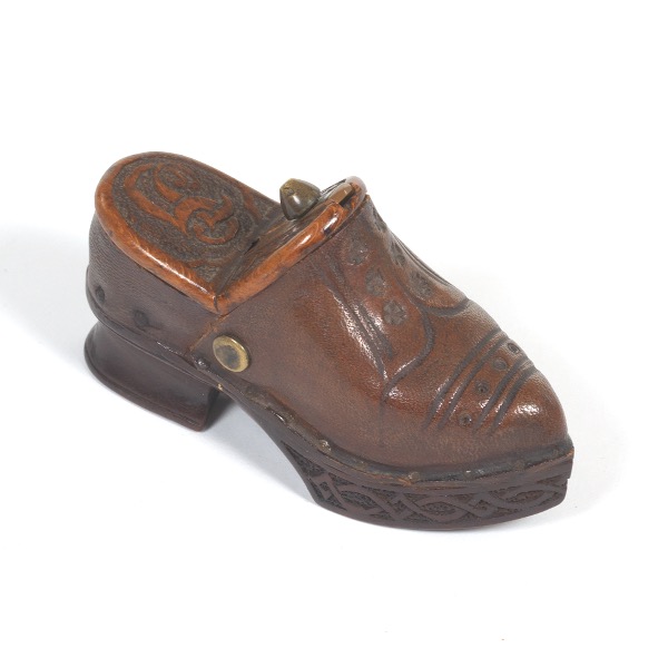 Appraisal: GERMAN ANTIQUE HAND CARVED WOOD AND LEATHER SHOE TABATI RE