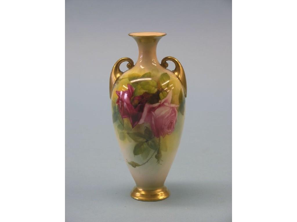 Appraisal: A Royal Worcester vase painted with Hadley-style roses twin-gilt handles