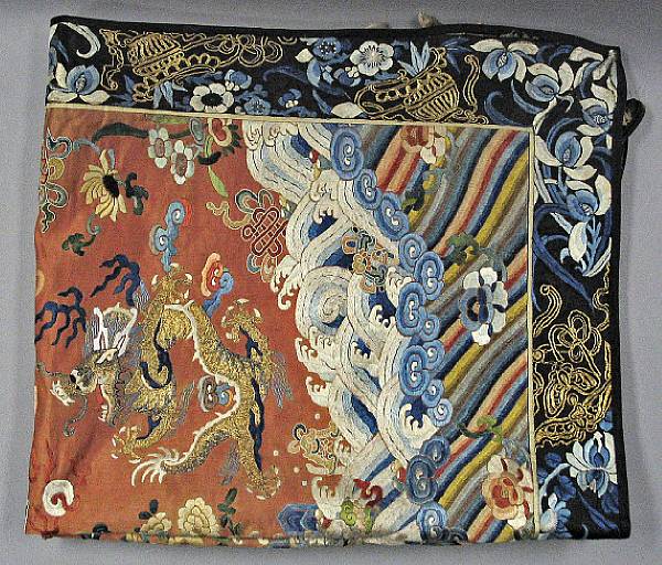 Appraisal: A pieced silk panel with embroidered dragon decoration The faded