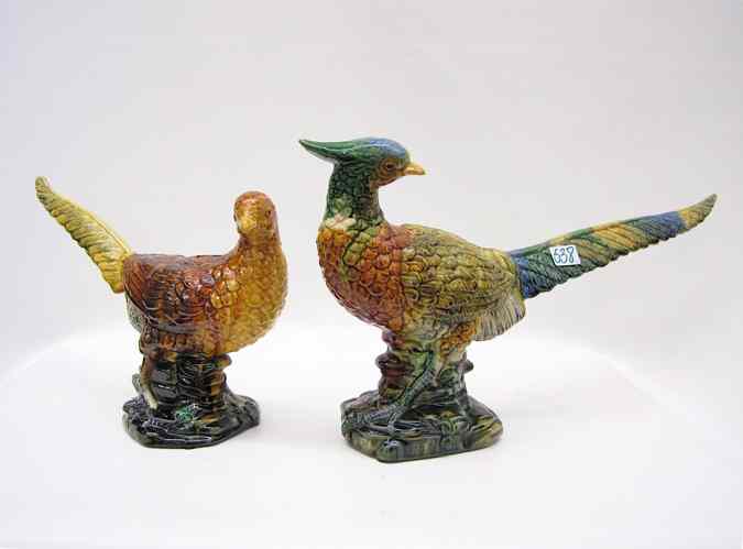 Appraisal: TWO MAJOLICA PORCELAIN FIGURAL PHEASANTS one male the other female