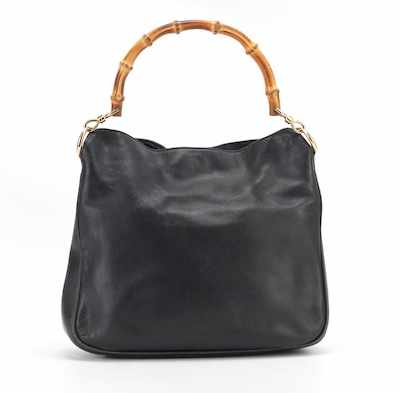 Appraisal: A Black Leather Gucci Hobo Handbag with Bamboo Handle Hobo