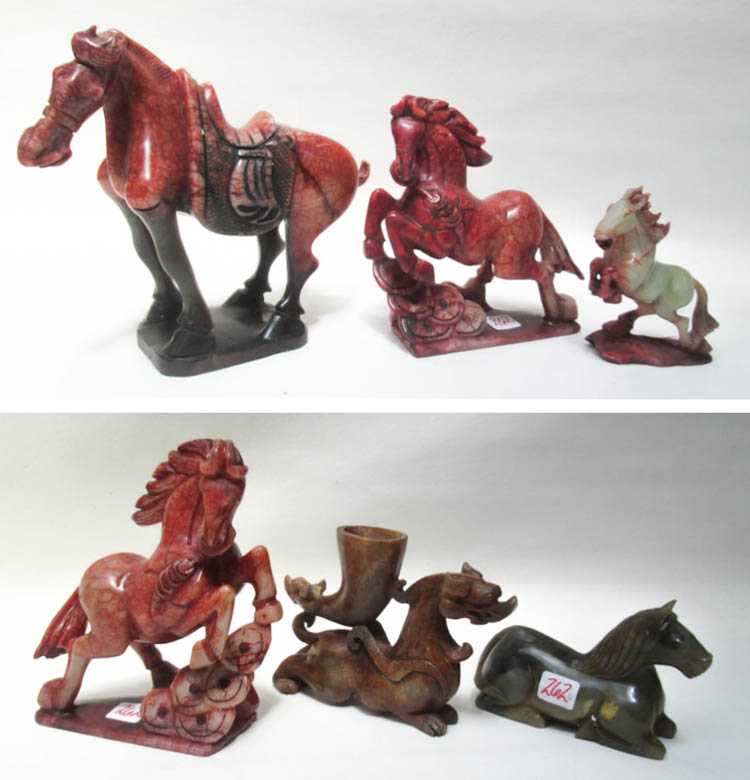 Appraisal: SIX CARVED SOAPSTONE FIGURAL SCULPTURES including five horses of various