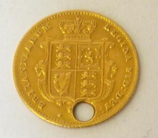 Appraisal: A VICTORIA YH SHIELD BACK GOLD HALF SOVEREIGN hole punched