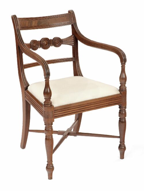 Appraisal: A Regency mahogany open armchair Glasgow pattern the tablet toprail