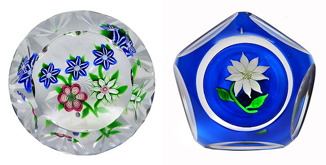 Appraisal: A PERTHSHIRE GLASS PAPERWEIGHT decorated with three blue and white