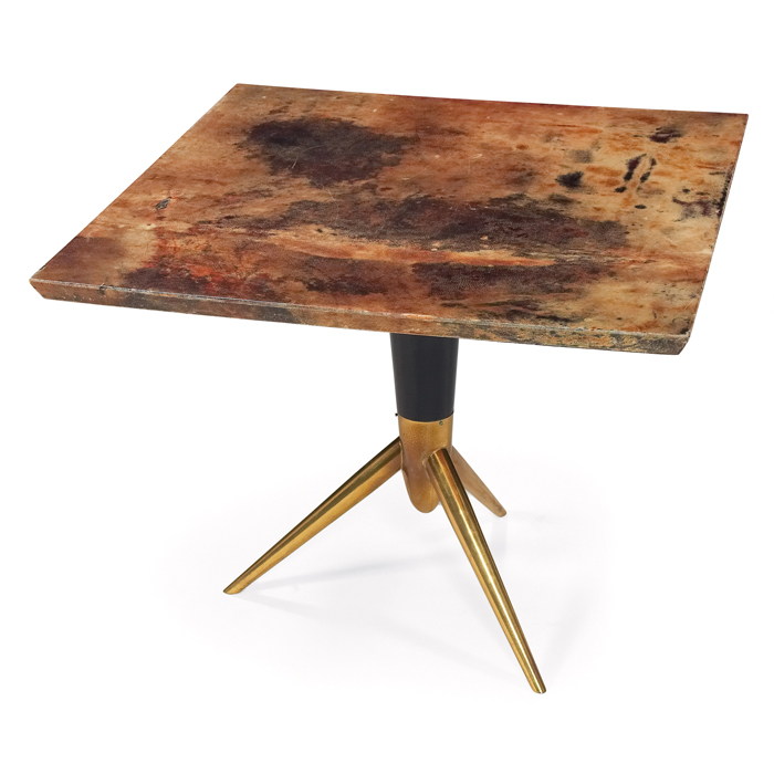 Appraisal: Aldo Tura occasional table square wood top covered in the