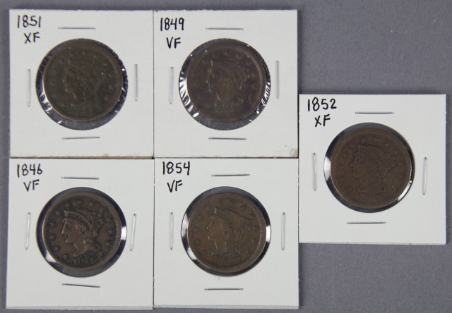 Appraisal: Five Braided Hair Large CentsDates include VF VF VF XF