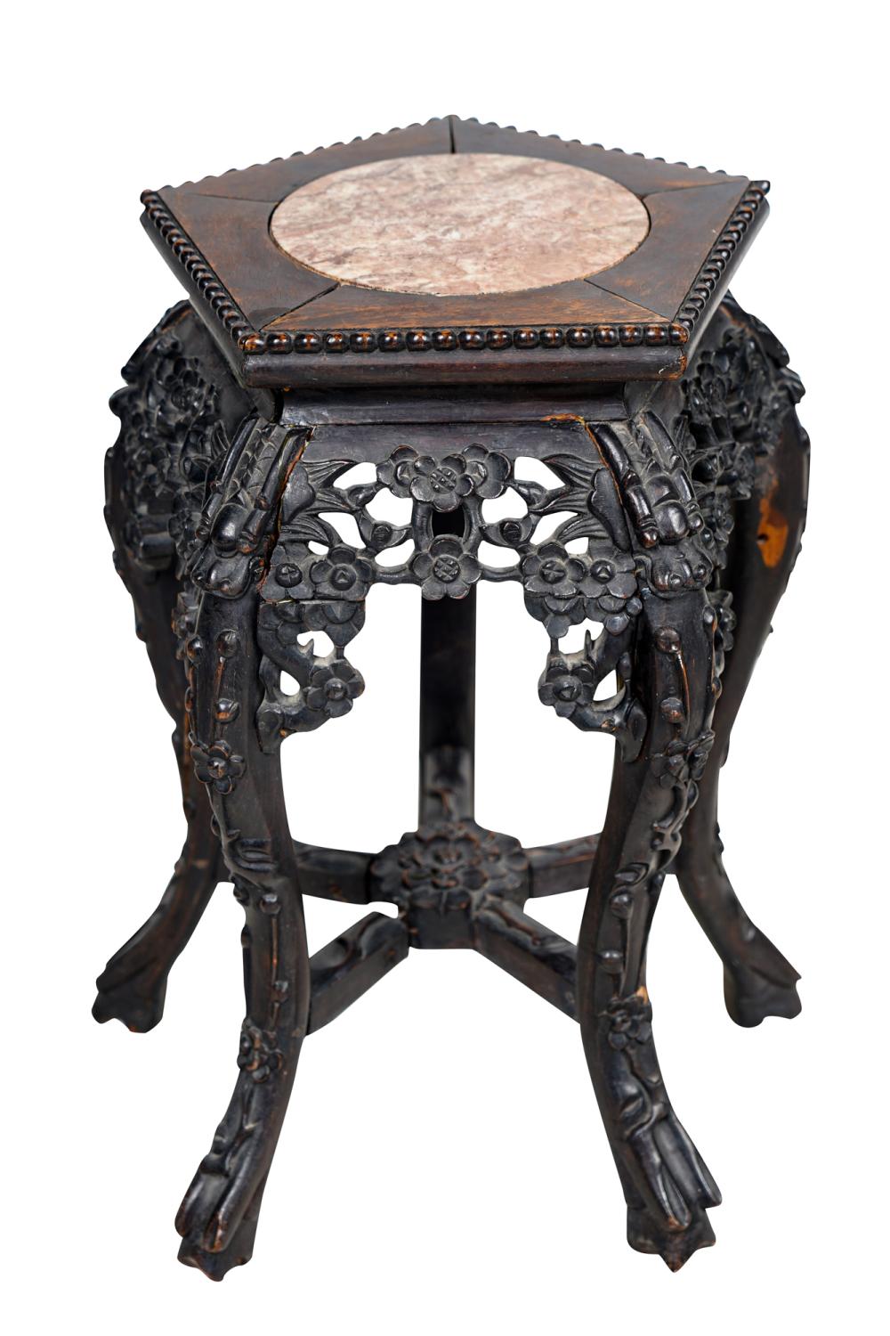 Appraisal: CHINESE MARBLE-INSET CARVED WOOD TABORET inches diameter inches high Condition