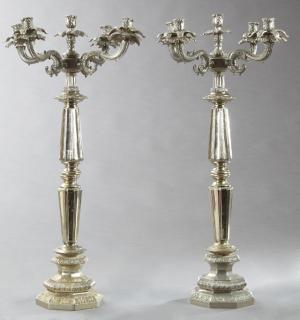 Appraisal: Pair of Large Silverplated Five Light Candelabra th c with