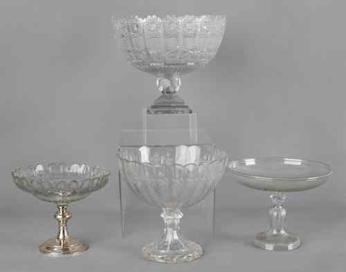 Appraisal: Two etched glass centerpiece bowls together with another with a