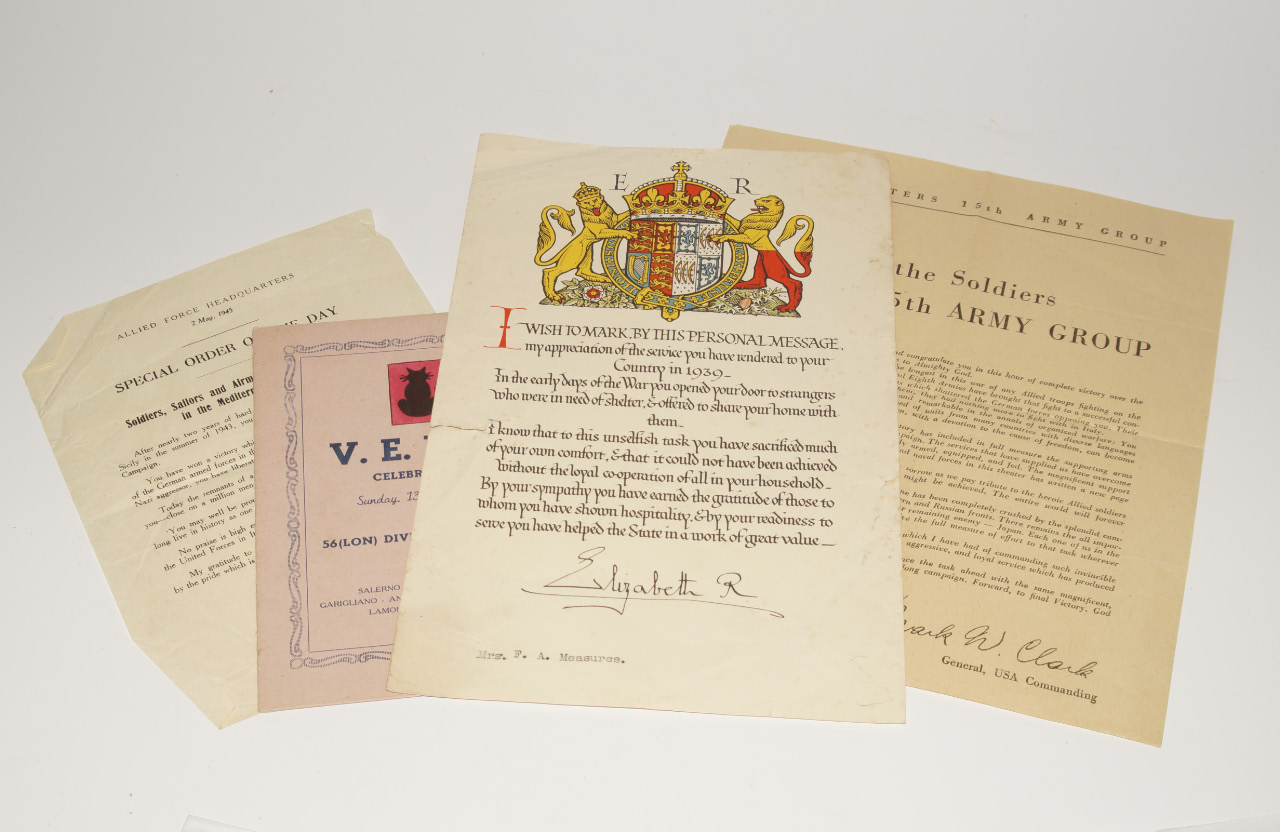 Appraisal: WWII VE Celebrations menu for LON divisional signals and other