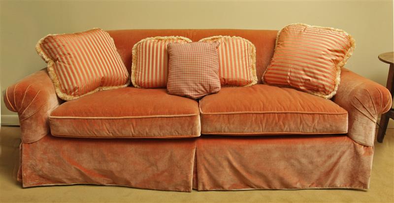 Appraisal: Salmon Silk Velvet Upholstered Sofa Together with four pillows x